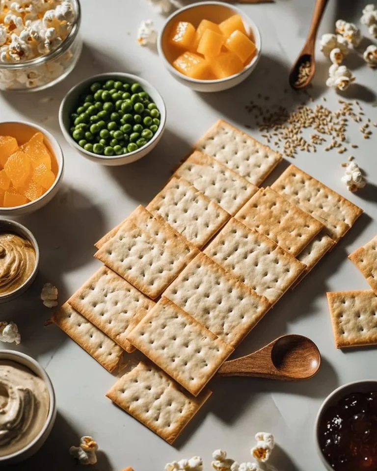 Homemade Saltine Crackers on a wooden board with toppings