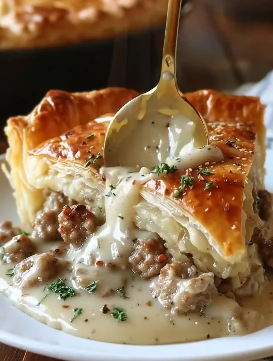 Sausage Gravy Puff Pie with golden crust and rich gravy filling