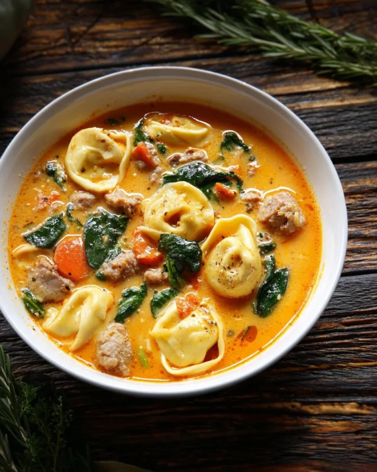 A comforting bowl of Sausage Tortellini Soup with fresh spinach and hearty flavors.