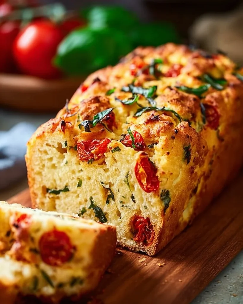 Freshly baked savory Caprese bread with mozzarella, tomatoes, and basil.