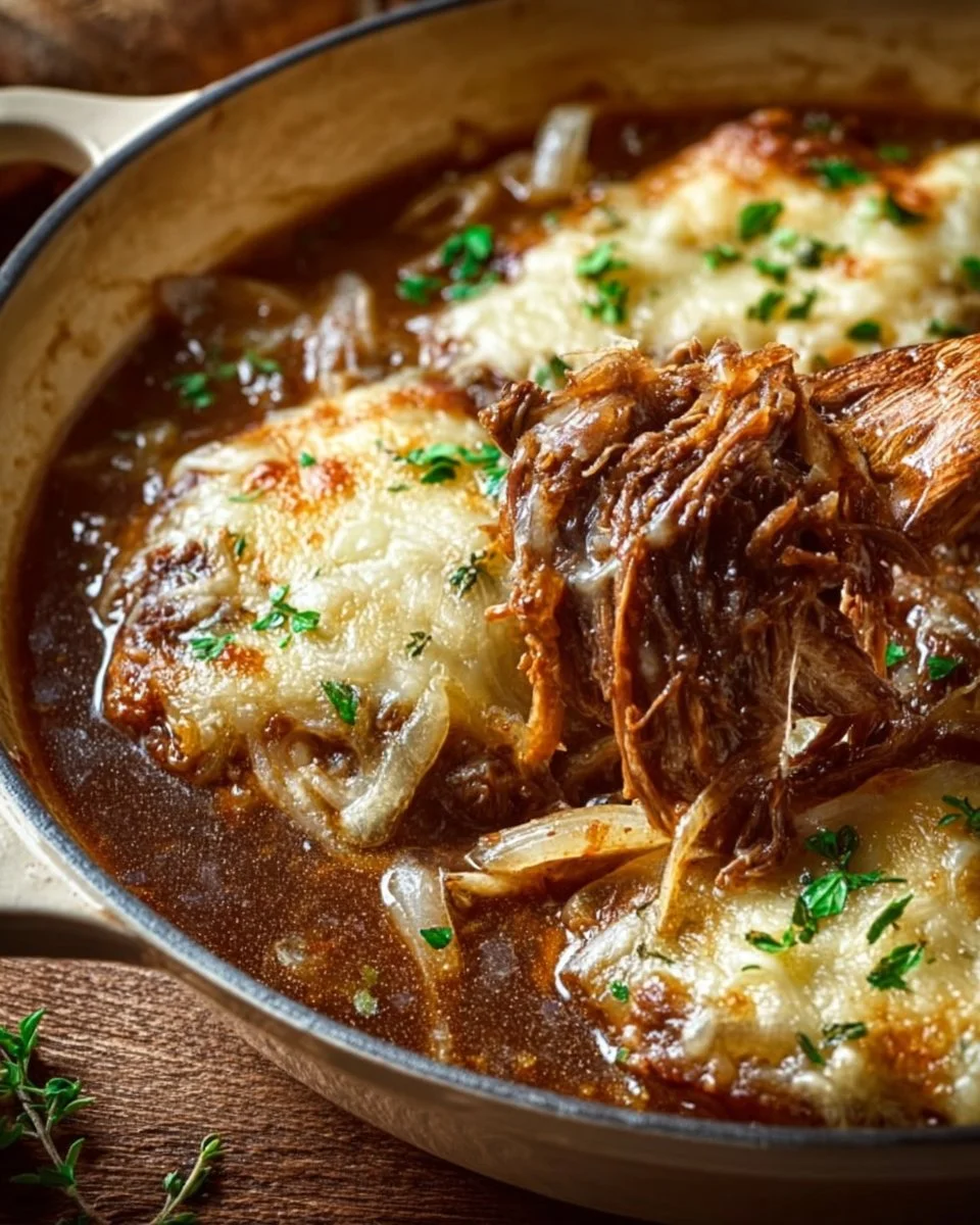 Savory French onion pot roast served with herbs and vegetables