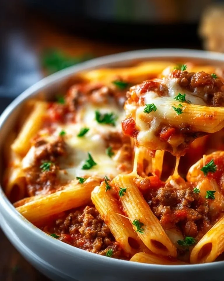 Savory Slow Cooker Baked Ziti topped with cheese and herbs.