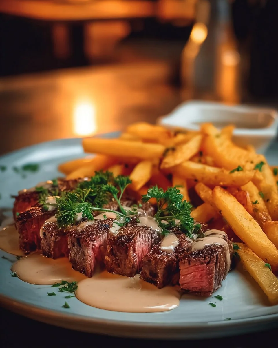 Savory steak served with creamy garlic sauce on a plate