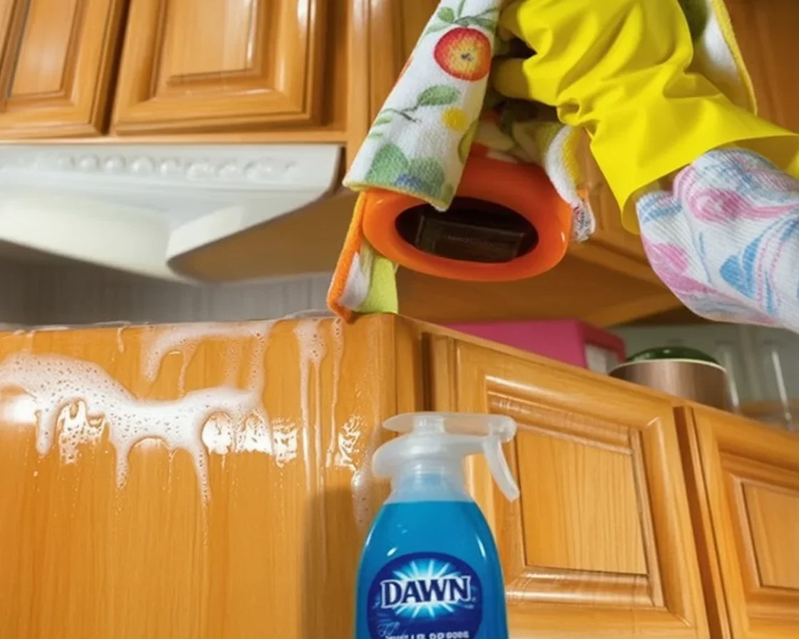 A person demonstrating a kitchen cabinet cleaning hack with natural ingredients.