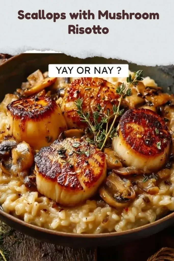 Delicious scallops served with creamy mushroom risotto on a white plate