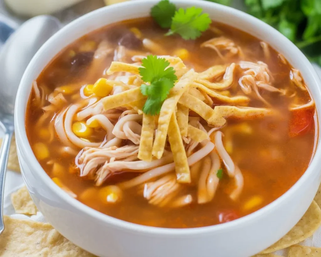 Delicious Chicken Tortilla Crockpot Soup with shredded chicken, black beans, and spices
