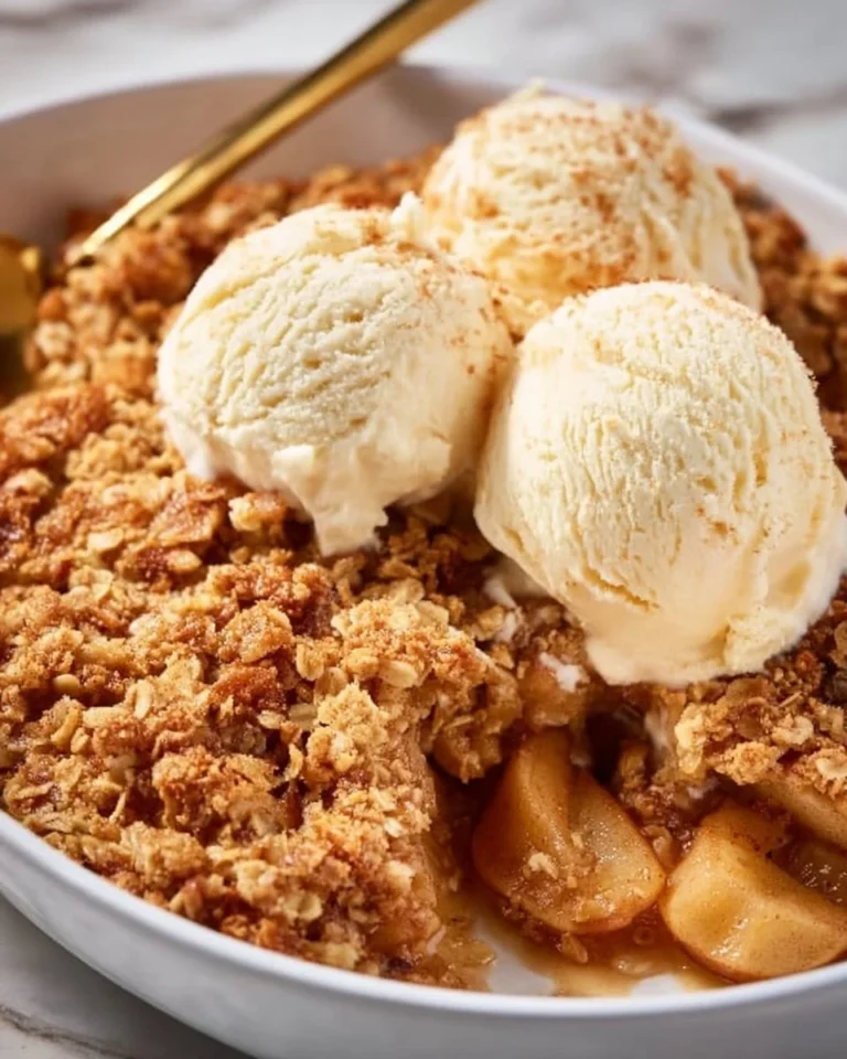 Delicious simple apple crumble dessert served warm with a scoop of ice cream