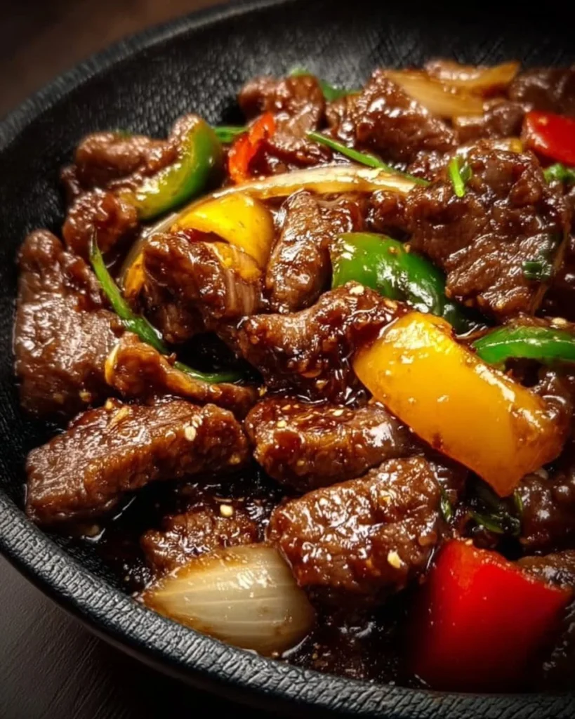 Delicious Chinese pepper steak with onions served on a sizzling plate.