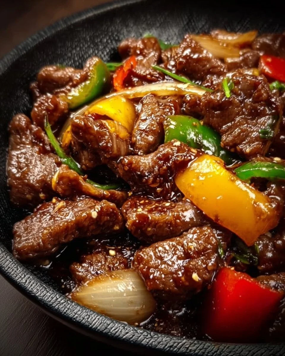 Delicious Chinese pepper steak with onions served on a sizzling plate.