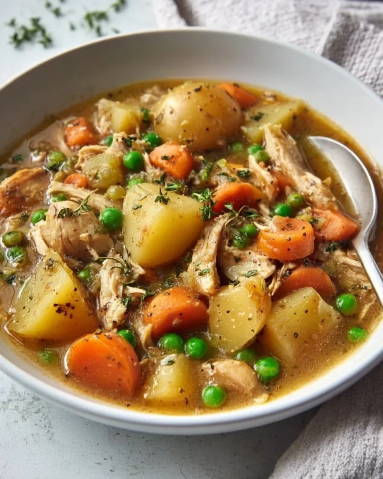 Delicious slow cooker chicken stew in a bowl with vegetables and herbs.