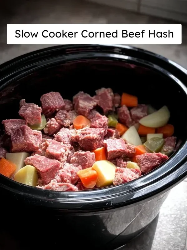Slow cooker corned beef hash served in a bowl with herbs