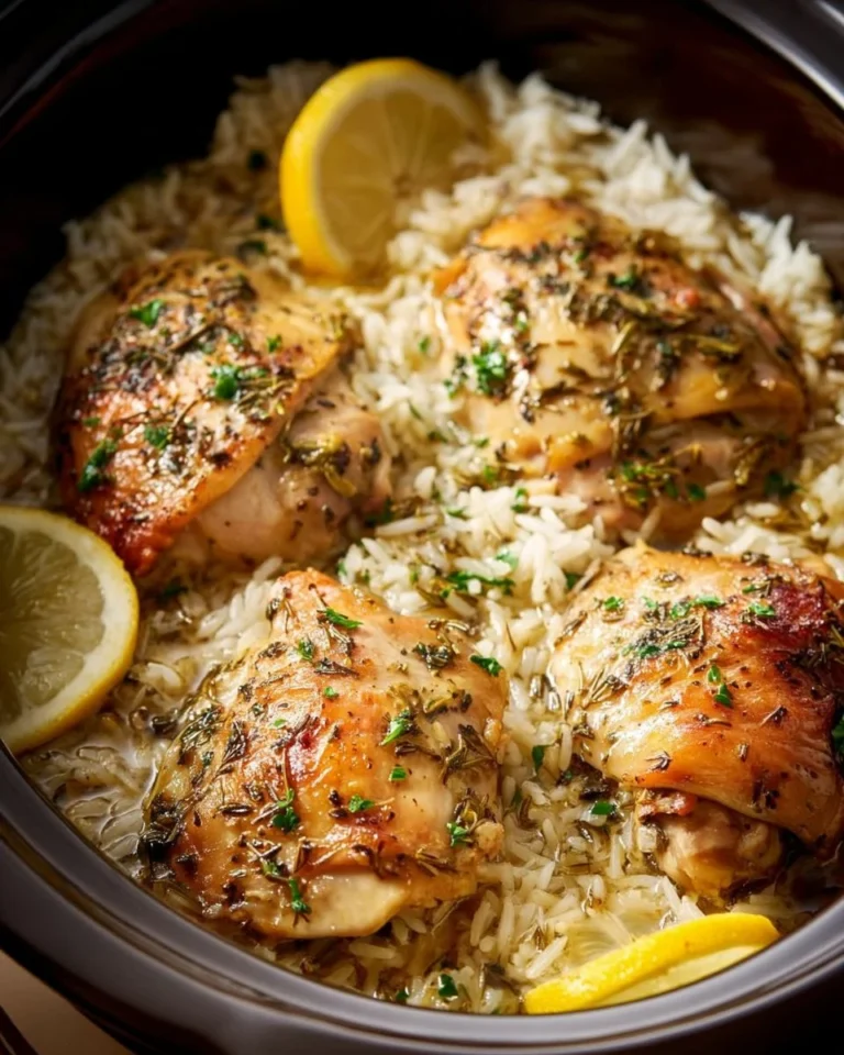 Slow Cooker Lemon Herb Chicken served with fluffy rice on a plate