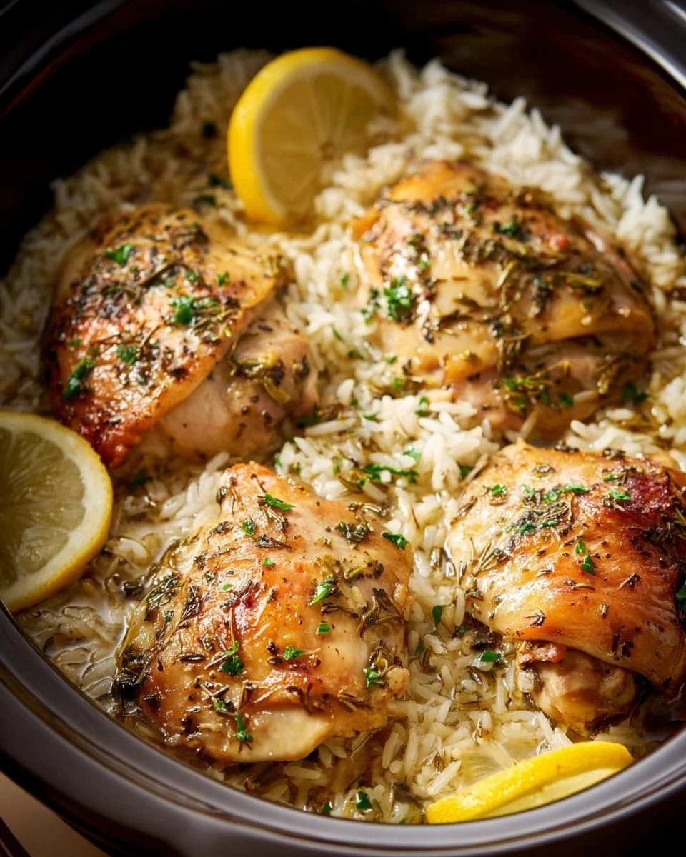 Slow Cooker Lemon Herb Chicken served with fluffy rice on a plate