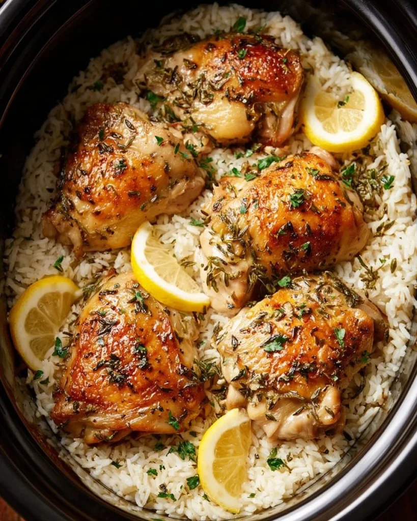 Slow Cooker Lemon Herb Chicken served with fluffy rice on a plate
