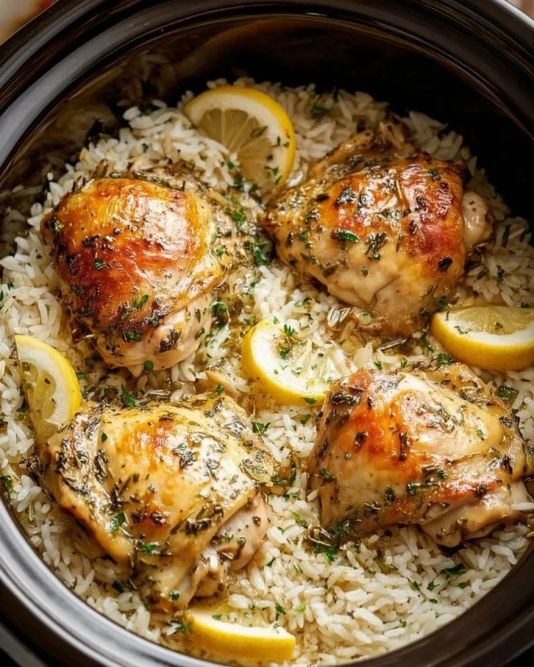 Slow Cooker Lemon Herb Chicken served with fluffy rice on a plate