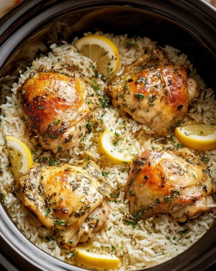 Slow Cooker Lemon Herb Chicken served with fluffy rice on a plate