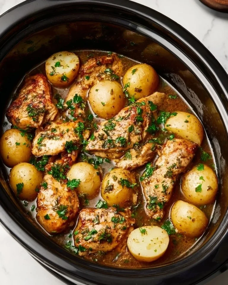 Slow Cooker Parmesan Garlic Chicken served with potatoes