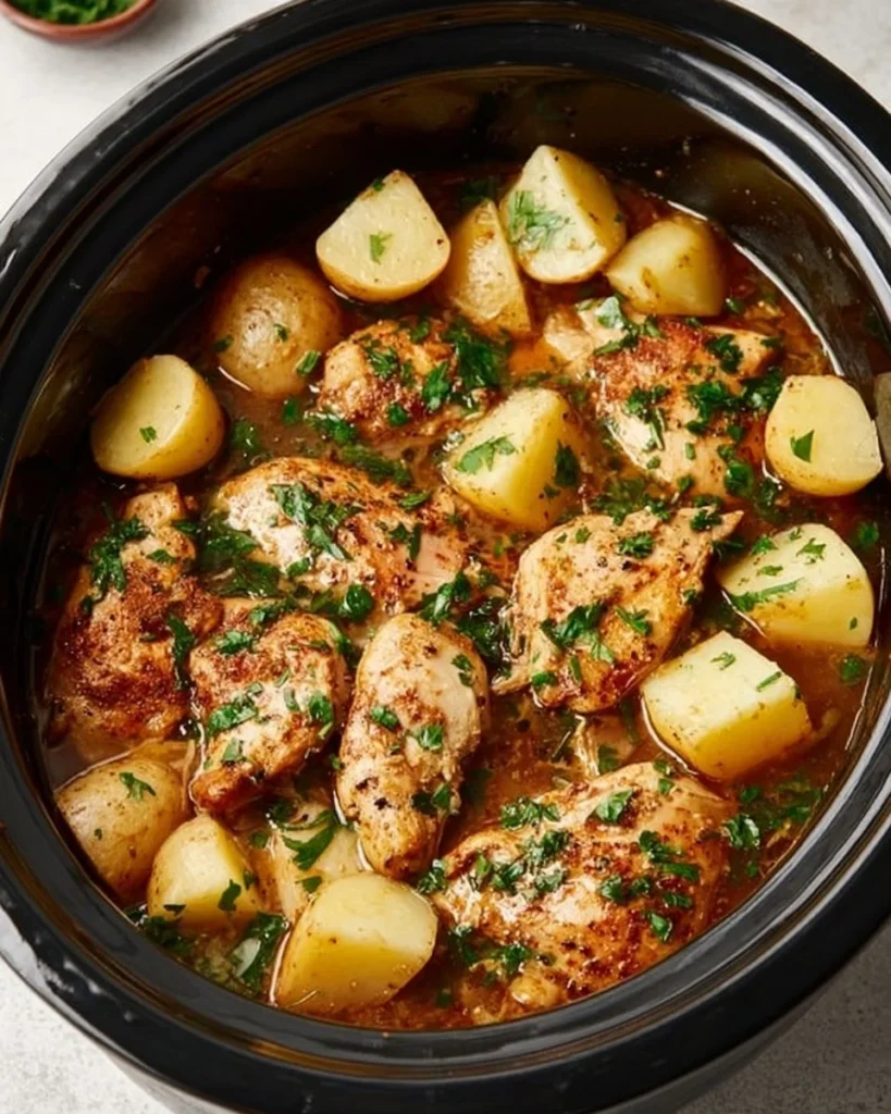 Slow Cooker Parmesan Garlic Chicken served with potatoes on a plate