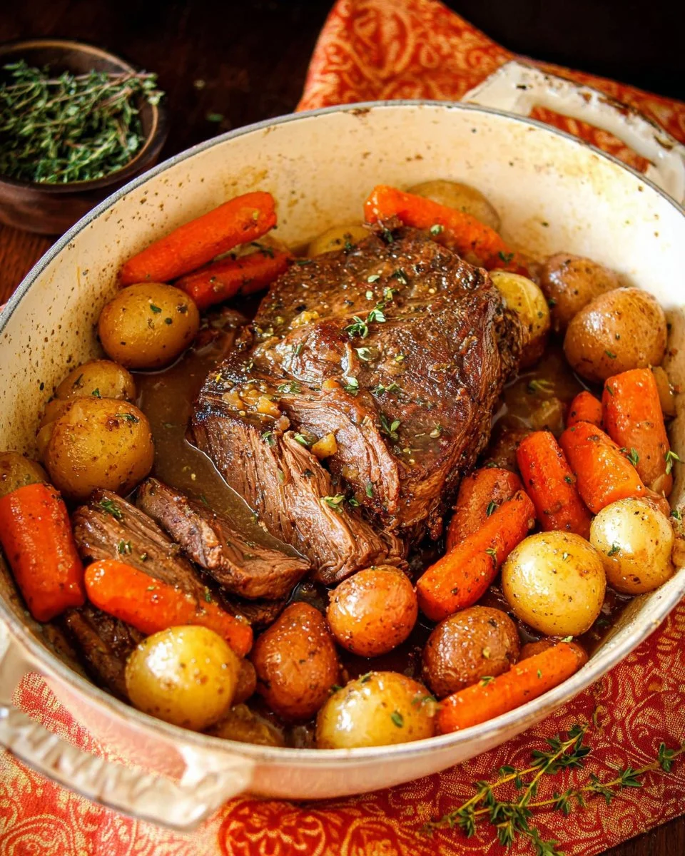 Delicious slow-cooked pot roast with vegetables in a rustic dish