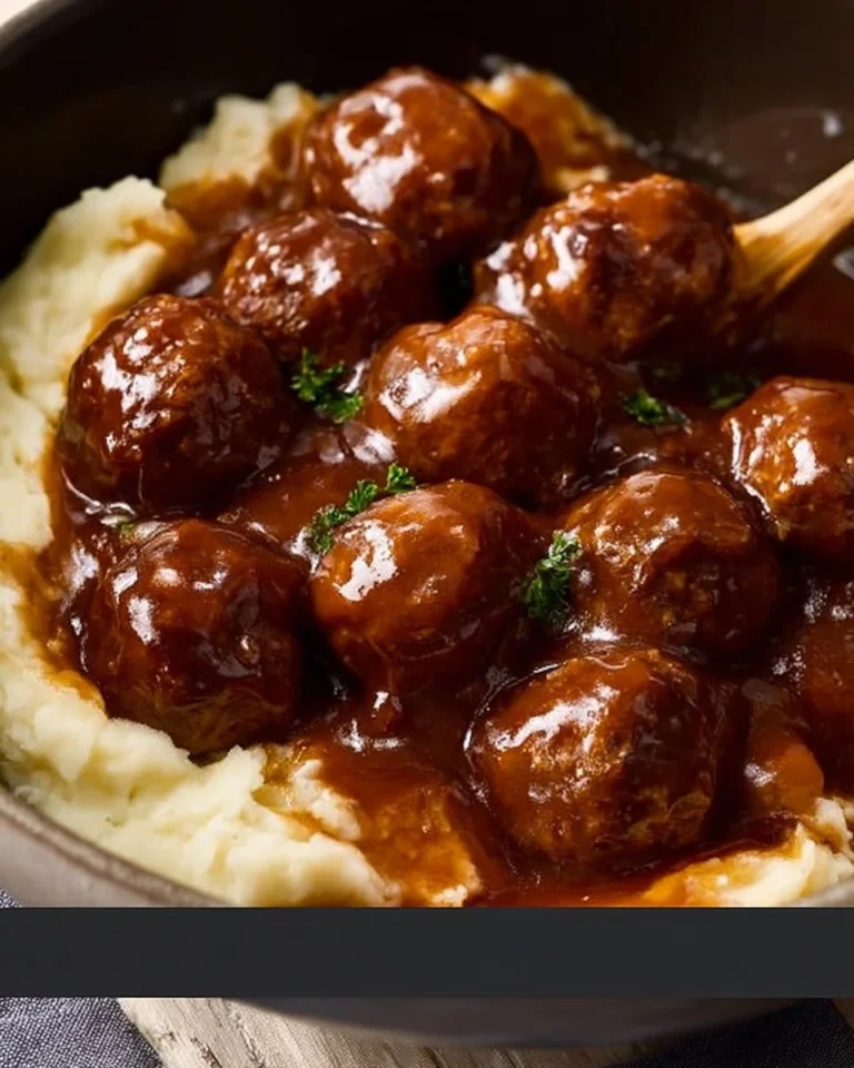 Slow Cooker Salisbury Steak Meatballs with gravy and mashed potatoes