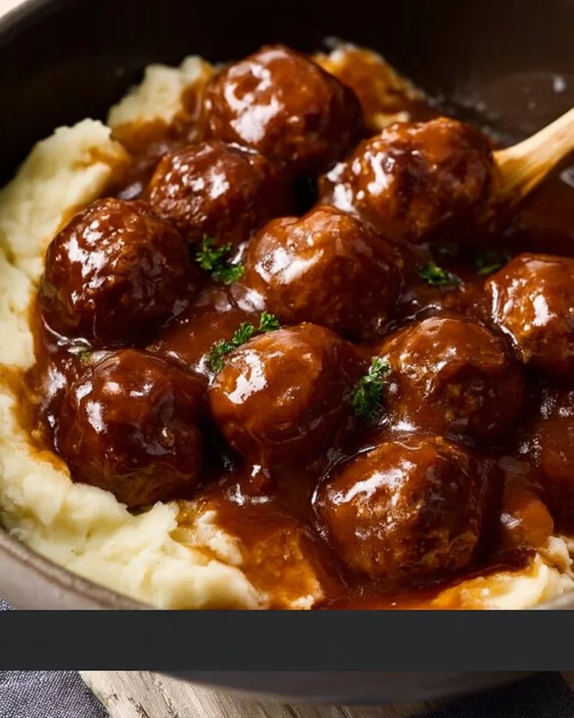 Slow Cooker Salisbury Steak Meatballs with gravy and mashed potatoes