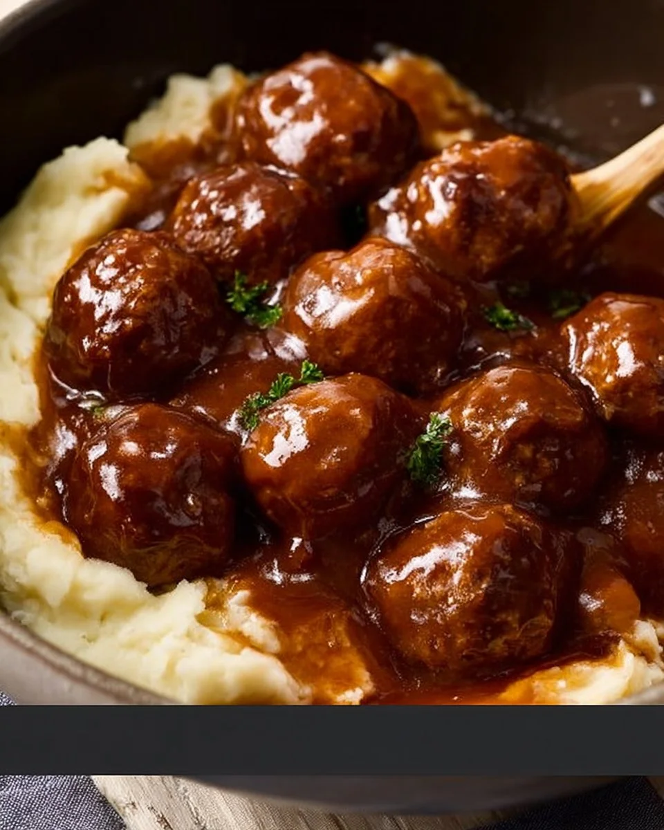 Slow Cooker Salisbury Steak Meatballs with gravy and mashed potatoes