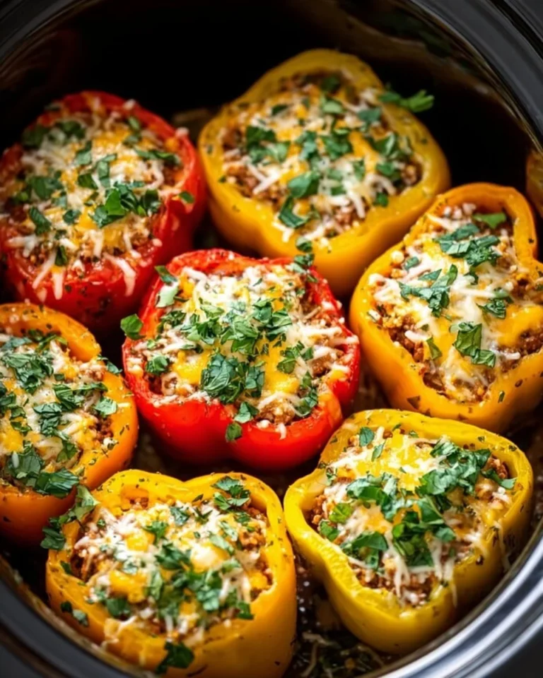 Slow cooker stuffed bell peppers filled with rice and veggies.