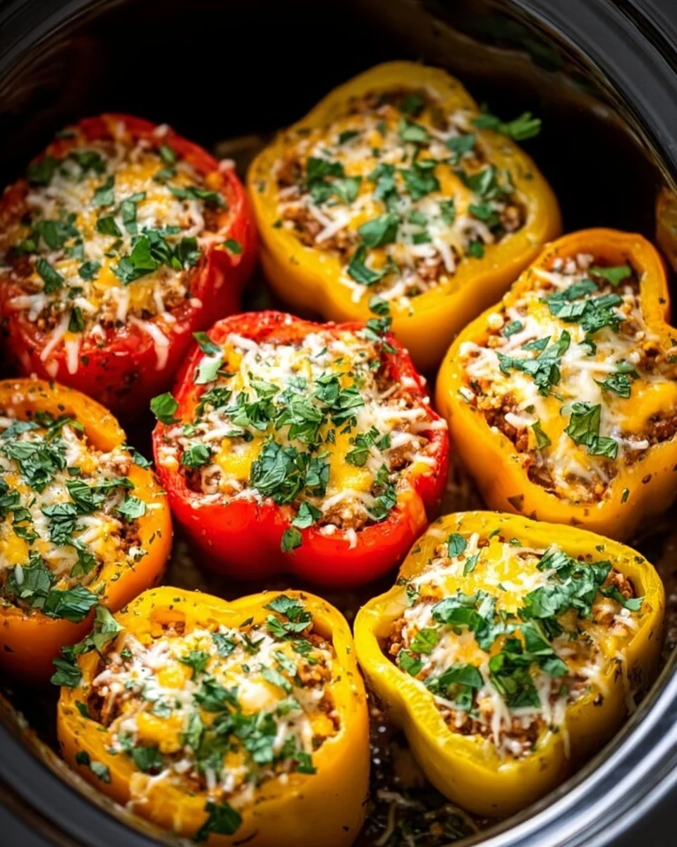 Slow cooker stuffed bell peppers filled with rice and veggies.