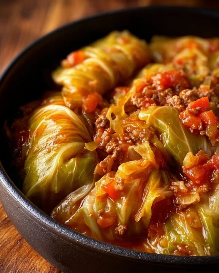 Slow cooker unstuffed cabbage rolls served in a bowl with fresh herbs
