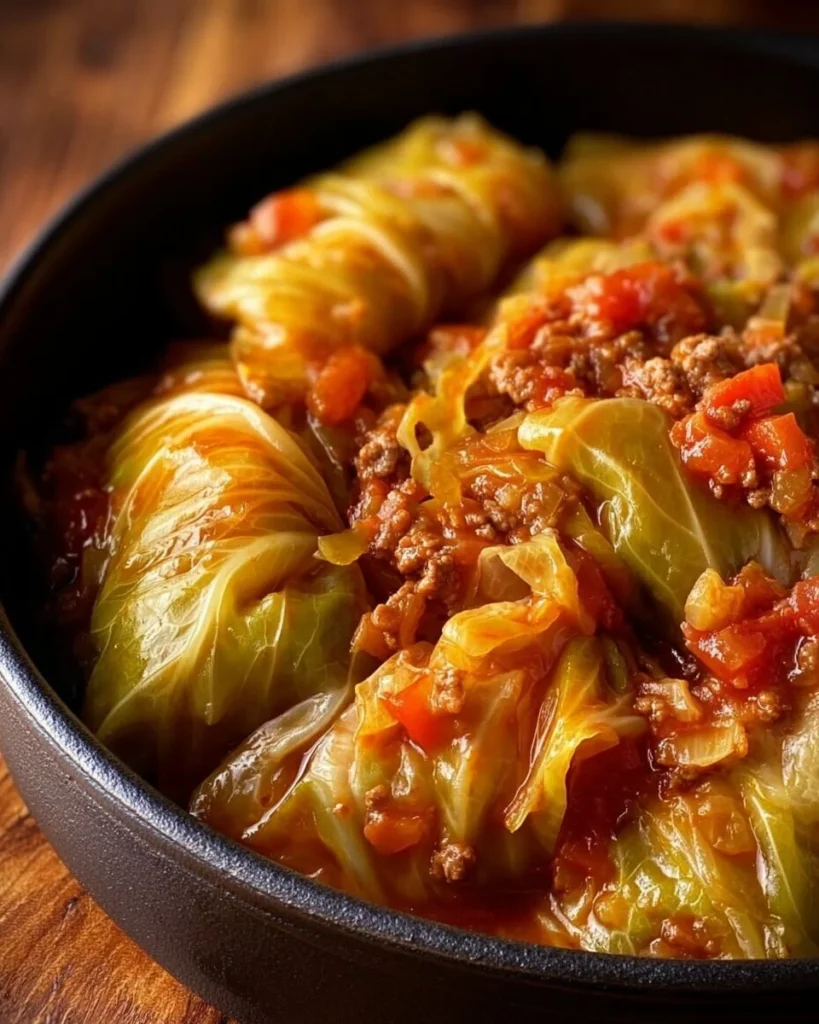 Slow cooker unstuffed cabbage rolls served in a bowl with fresh herbs