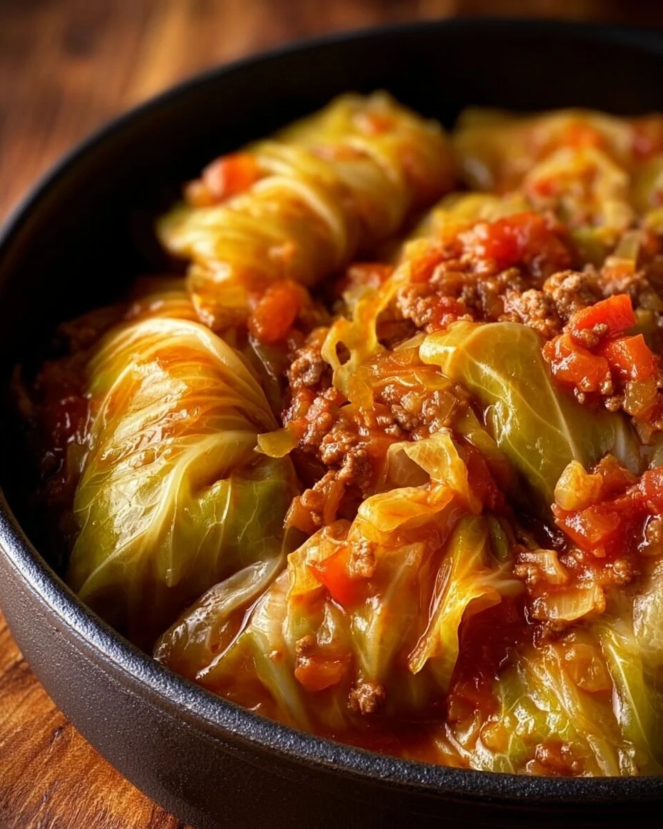 Slow cooker unstuffed cabbage rolls served in a bowl with fresh herbs