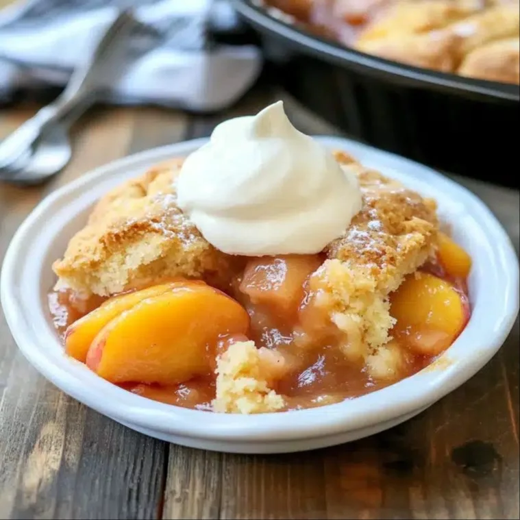 Delicious Southern peach cobbler served warm with vanilla ice cream