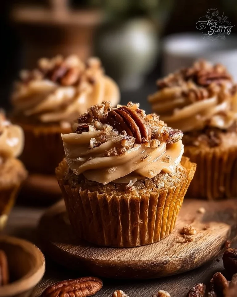 Delicious Southern pecan pie cupcakes with brown sugar frosting on a rustic table.