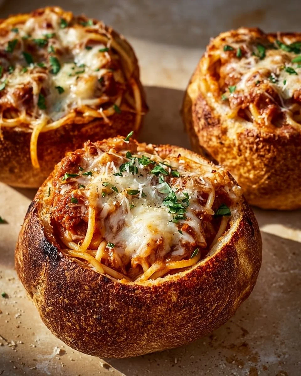 Delicious spaghetti garlic bread bowls served with herbs and cheese
