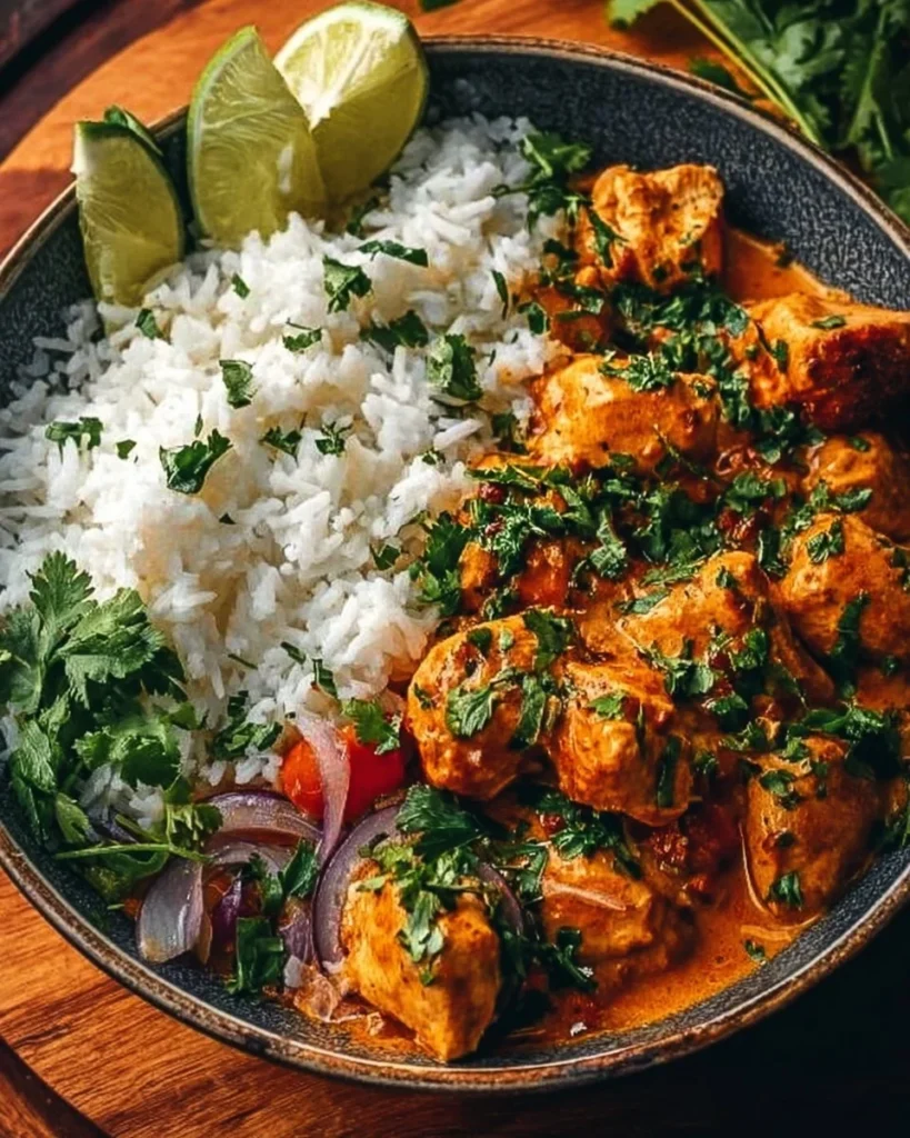 Spicy Brazilian Coconut Chicken served with vibrant vegetables