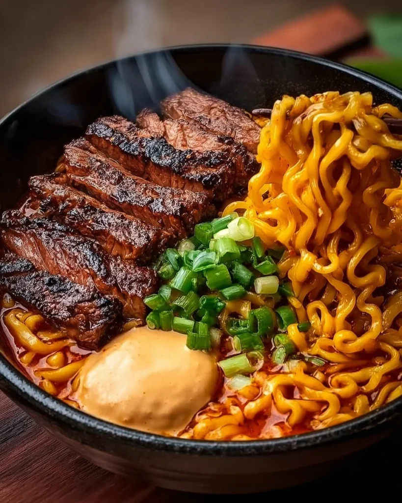 Delicious Spicy Korean Ramen with Grilled Beef and Creamy Sauce