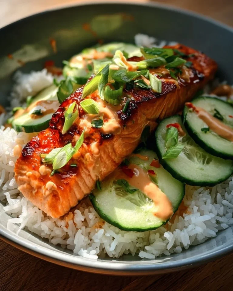 A delicious Spicy Salmon Rice Bowl topped with fresh vegetables and sauce.