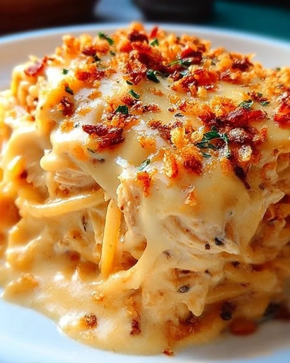 Spicy Southern cheesy chicken spaghetti casserole with creamy cheese topping
