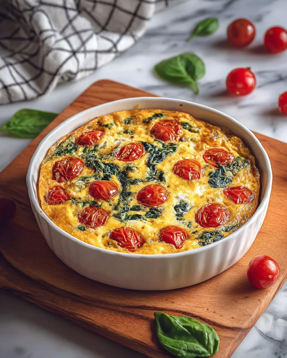 Spinach, tomato, and feta crustless quiche served on a plate