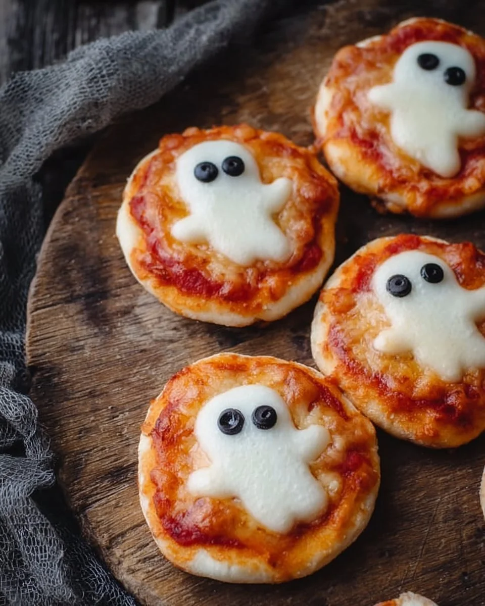 Mini ghost pizzas decorated for Halloween, perfect for spooky celebrations.