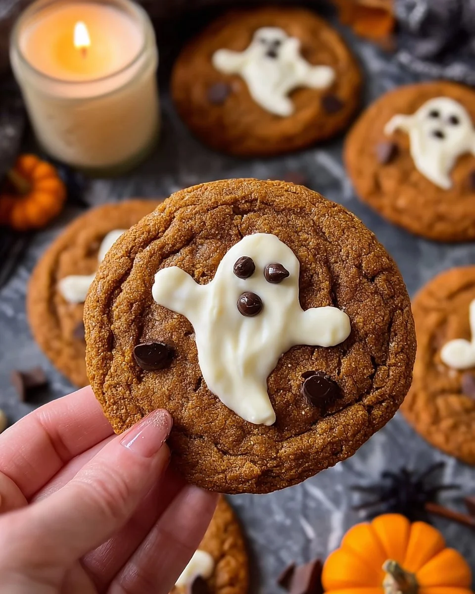 Spooky ghost brown butter pumpkin cookies decorated for Halloween