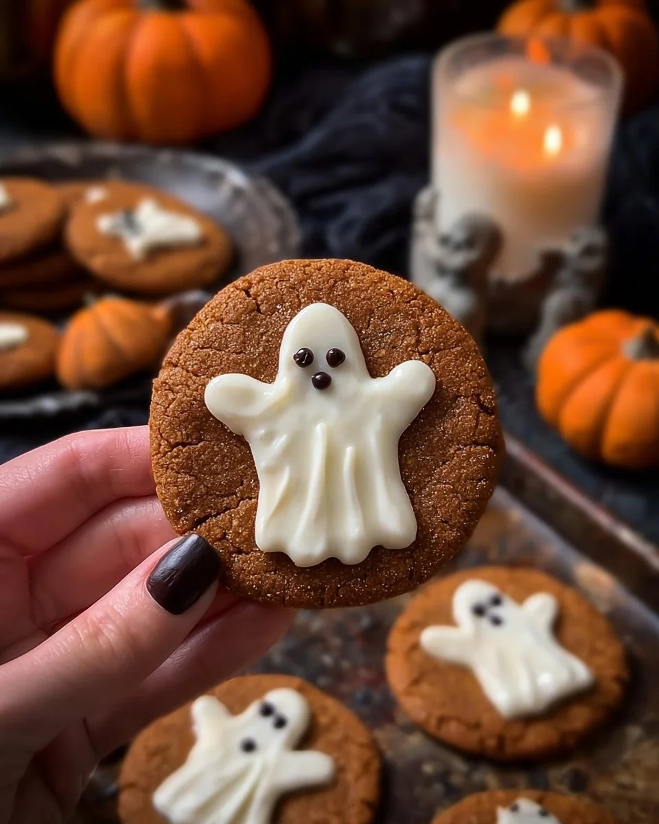 Spooky ghost brown butter pumpkin cookies on a festive plate