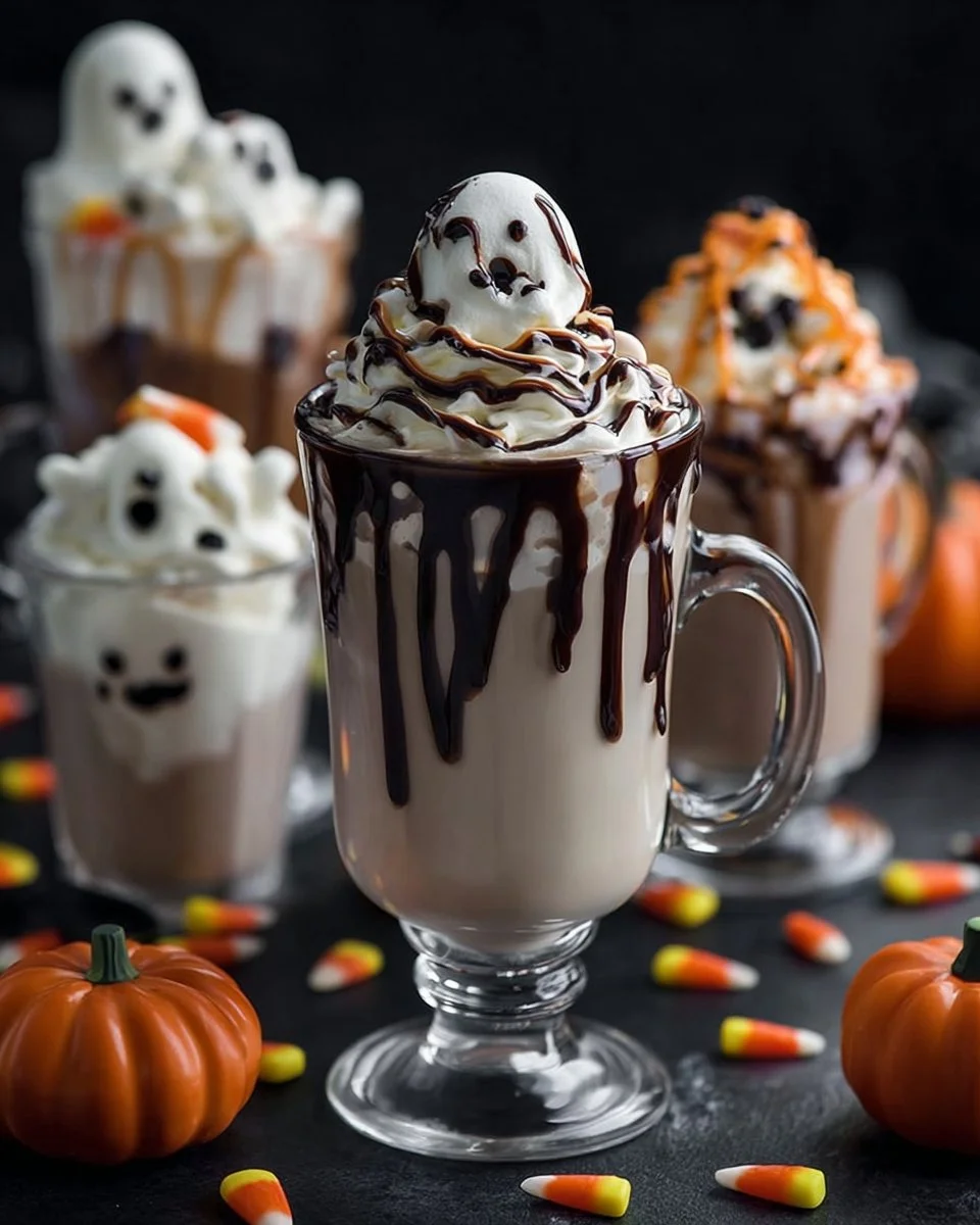 Spooky Ghostly Vanilla Milkshake in a glass with ghostly decorations