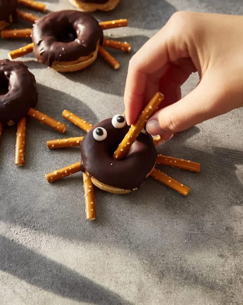 Spooky spider donuts decorated with icing and edible spider toppings