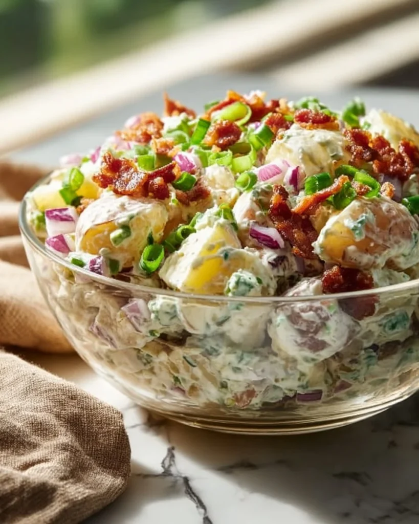 Delicious Steakhouse Potato Salad served in a bowl with fresh herbs.