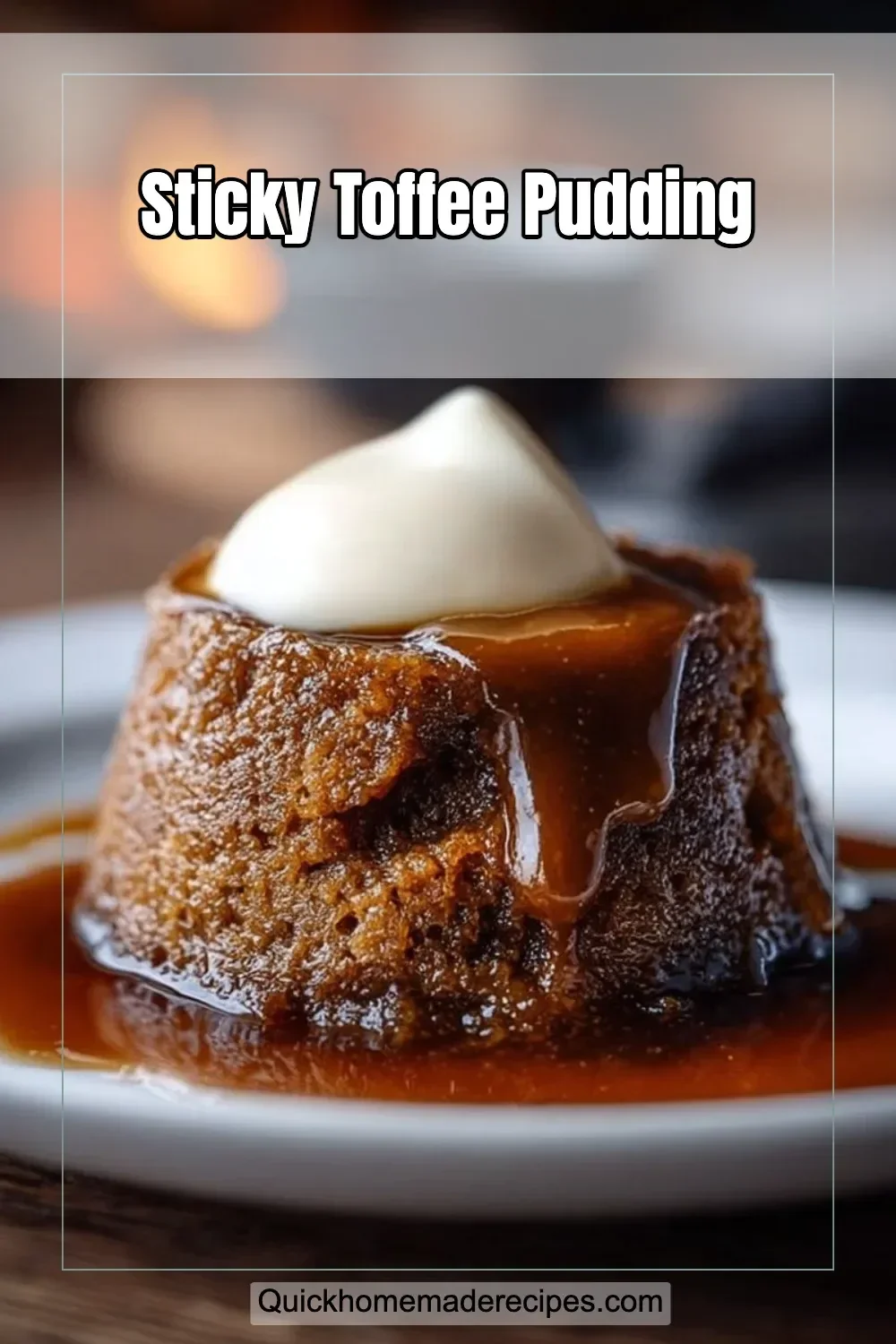 Delicious sticky toffee pudding topped with warm toffee sauce and served in a bowl