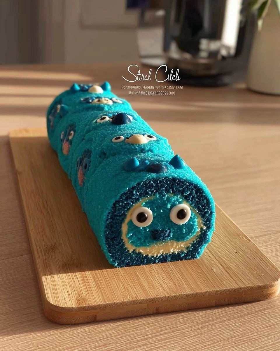 Stitch-inspired tropical blue cake roll decorated with vibrant colors and fun designs.