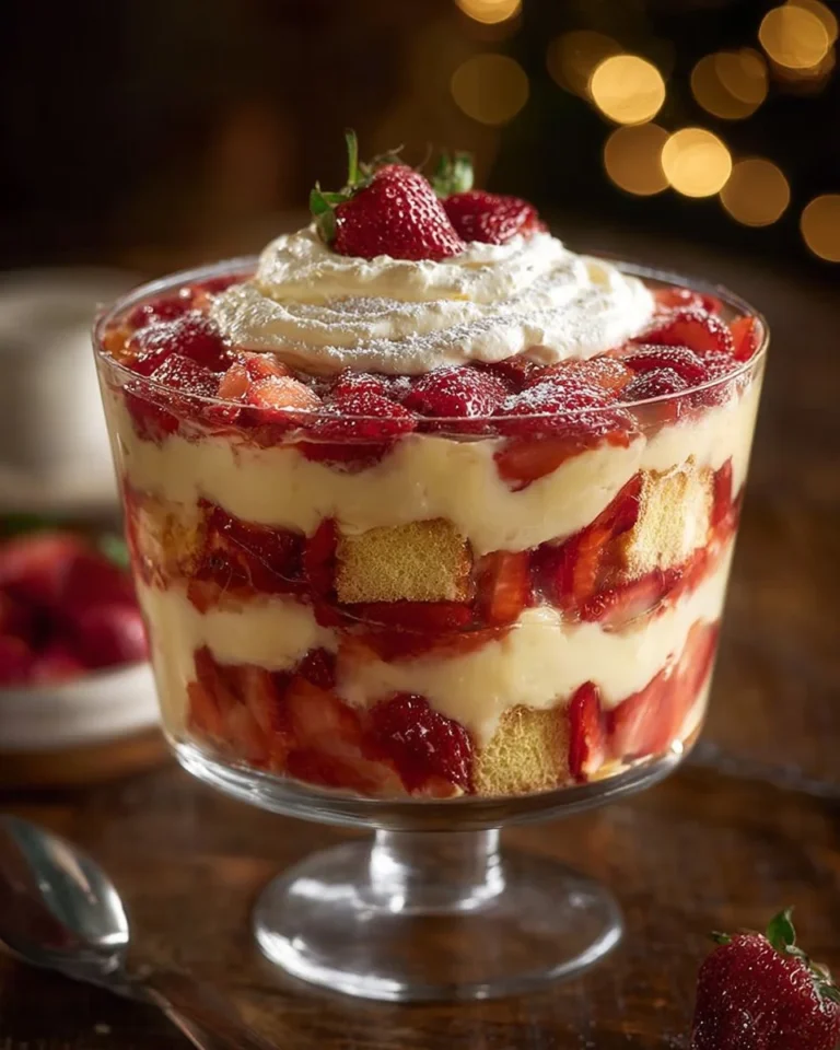 Strawberry cheesecake trifle layered with fresh strawberries and creamy cheesecake filling.