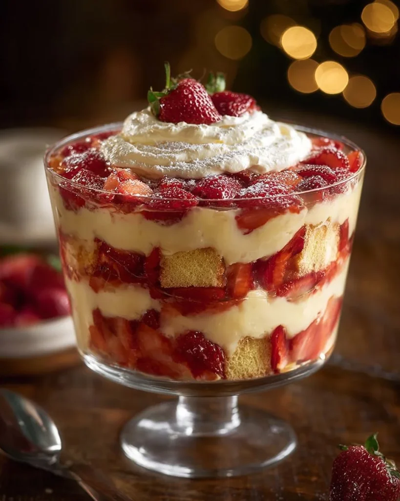 Strawberry cheesecake trifle layered with fresh strawberries and creamy cheesecake filling.