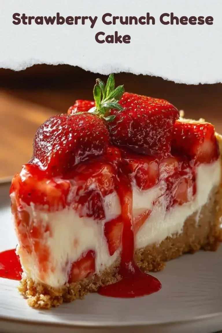 Delicious Strawberry Crunch Cheese Cake topped with fresh strawberries
